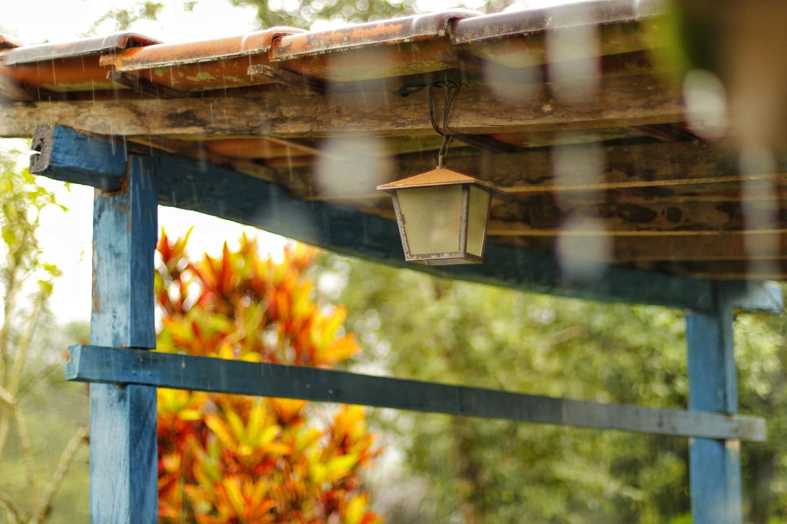 A canopy shelter outdoors in the rain.
