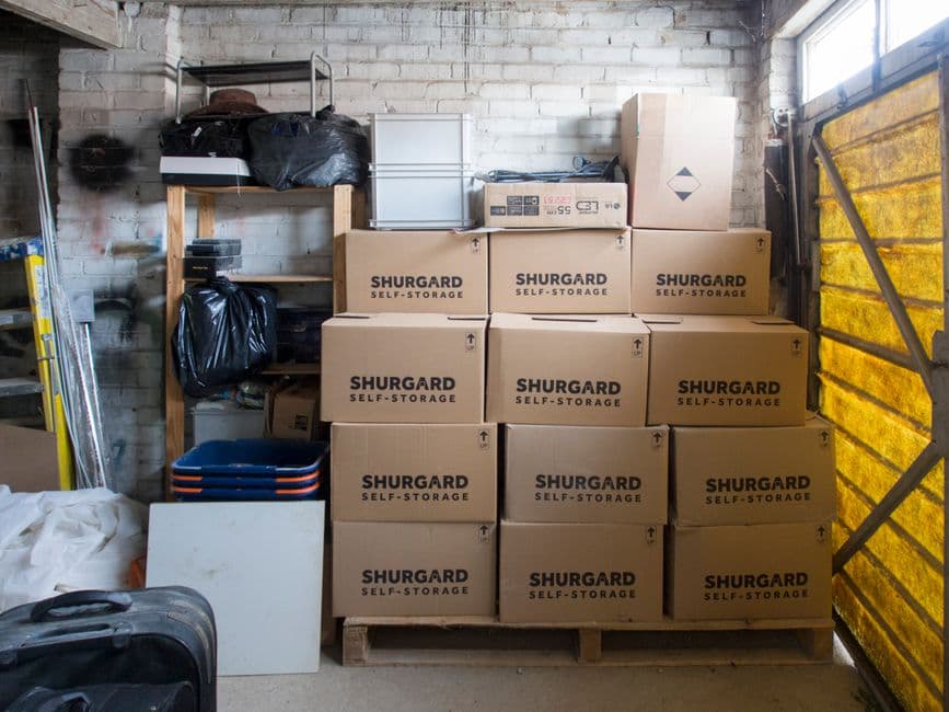 A stack of storage boxes in a warehouse.
